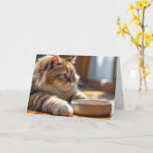 誕生日猫が空き丼で待つ カード (黄色い花)