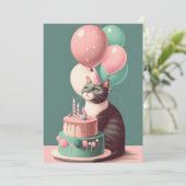 誕生日猫とパーティーハットフラットグリーティングカード サンキューカード (スタンド正面)