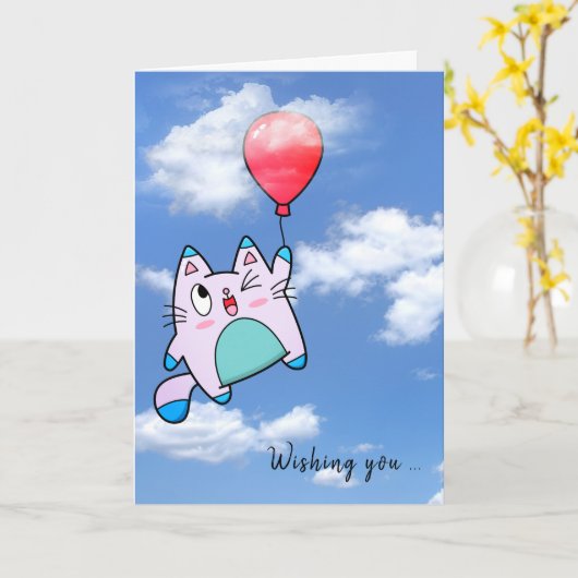 誕生日猫と気球 カード (黄色い花)