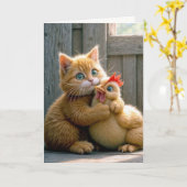 誕生日猫と鶏肉 カード (黄色い花)