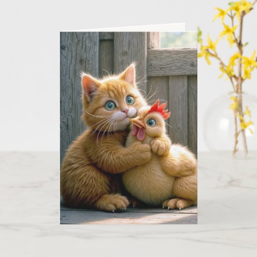 誕生日猫と鶏肉 カード (黄色い花)