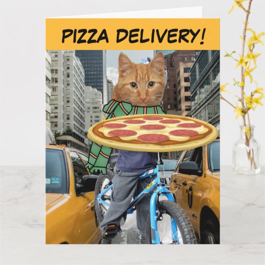 誕生日猫ピザ宅配グリーティングカード カード (黄色い花)
