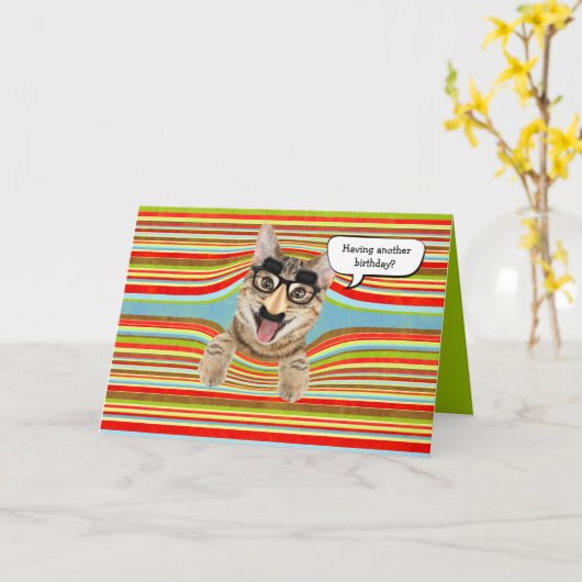 誕生日猫ユーモア カード (黄色い花)