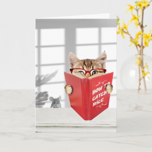 誕生日猫（眼鏡・赤本） カード (黄色い花)