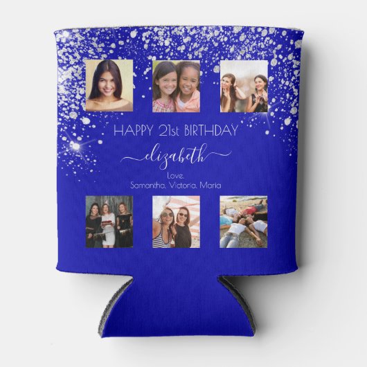 誕生日王室のブルーカスタムフォトコラージュの友達 缶クーラー (正面)