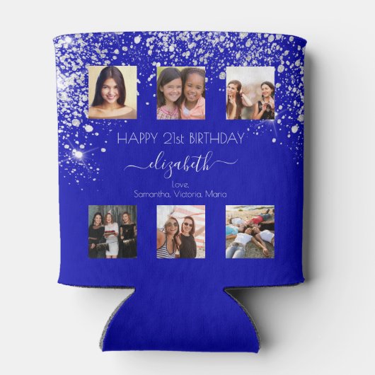 誕生日王室のブルーカスタムフォトコラージュの友達 缶クーラー (裏面)