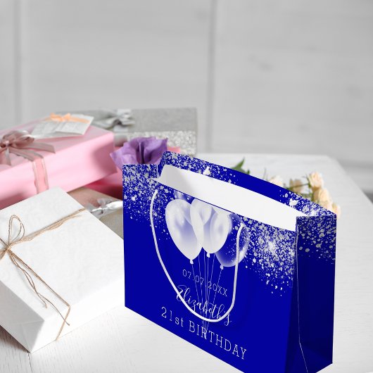 誕生日王室のブルー白グリッターバルーン ラージペーパーバッグ