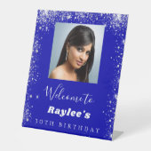誕生日王室のブルー銀グリッター写真ウェルカム 台座サイン (正面)