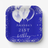 誕生日王室のブルー銀グリッター白バルーン ペーパープレート (正面)