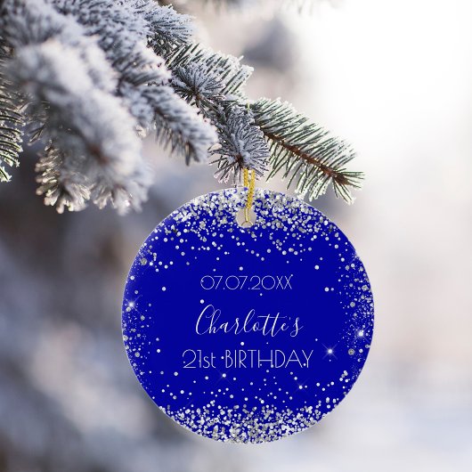 誕生日王室のブルー銀グリッター セラミックオーナメント