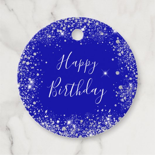 誕生日王室の青色銀グリッターダストモノグラム フェイバータグ (正面)