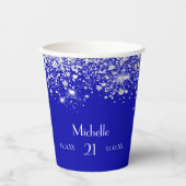 誕生日王室の青色銀グリッターモノグラム 紙コップ (正面)