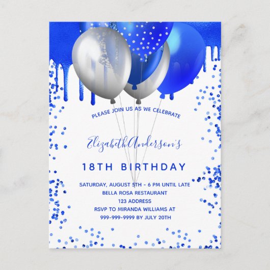 誕生日王室の青風船 インビテーションポストカード (正面)