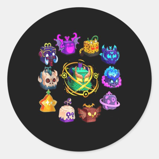 誕生日用のミサク目のブロックスフルーツ ラウンドシール (正面)