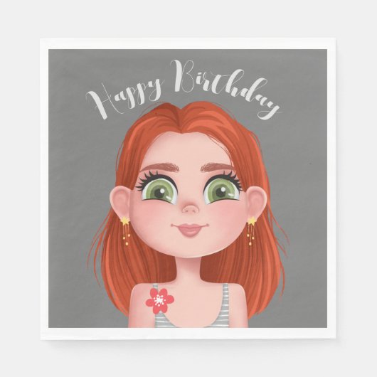 誕生日用の漫画の赤毛ガール スタンダードランチョンナプキン (正面)