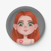 誕生日用の漫画の赤毛ガール ペーパープレート (正面)