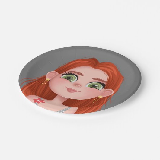 誕生日用の漫画の赤毛ガール ペーパープレート (アングル)