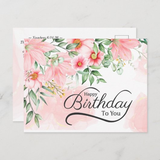 誕生日番号6:24-26聖書の詩句 ピンクの花のフローラル ポストカード (正面/裏面)
