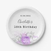 誕生日白スミレ花シルバー ペーパープレート (正面)