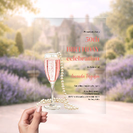 誕生日白ピンクきらめくのワインの真珠澄ん アクリル招待状