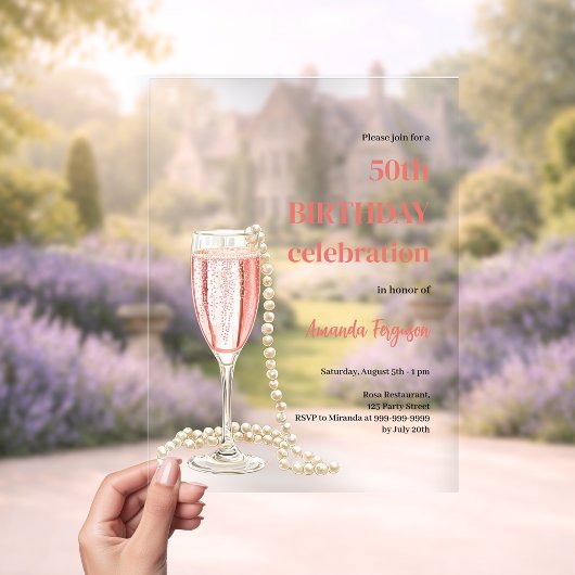 誕生日白ピンクきらめくのワインの真珠澄ん アクリル招待状