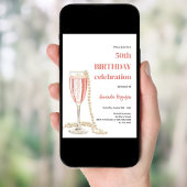 誕生日白ピンクきらめくワイン真珠 招待状