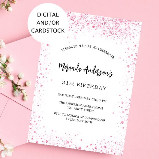 誕生日白ピンクグリッターの輝きエレガント 招待状