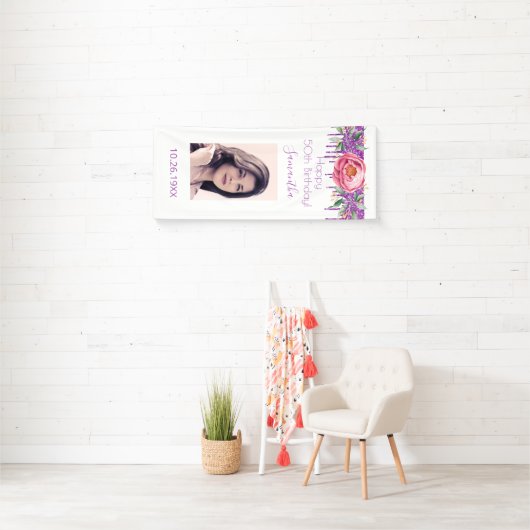 誕生日白ピンク紫のグリッター花模様写真 横断幕 (インサイチュ)