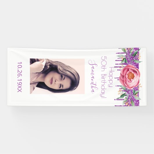 誕生日白ピンク紫のグリッター花模様写真 横断幕 (横)