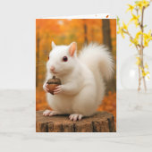 誕生日白リスがドングリ カード (黄色い花)