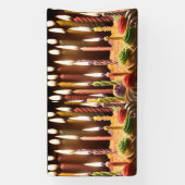 誕生日白熱［赤熱］光を放つの蝋燭をお誕生日ケーキに 横断幕 (縦)