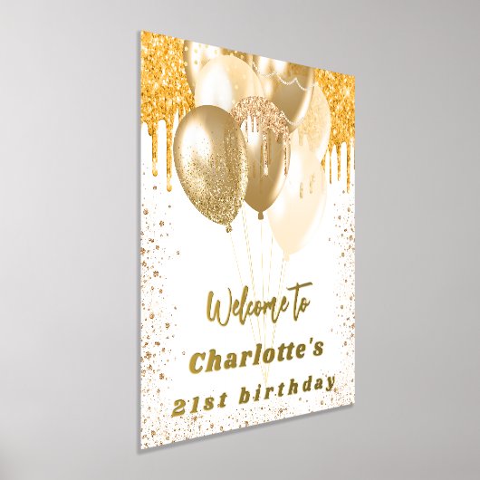 誕生日白金ゴールドグリッターバルーンへようこそ 箔ポスター (レイダウン)