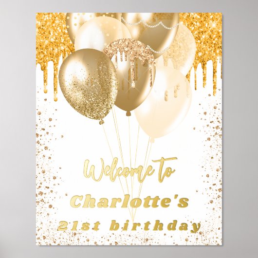 誕生日白金ゴールドグリッターバルーンへようこそ 箔ポスター (正面)