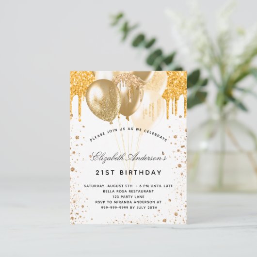 誕生日白金ゴールドバルーングリッター乾燥 インビテーションポストカード (スタンド正面)