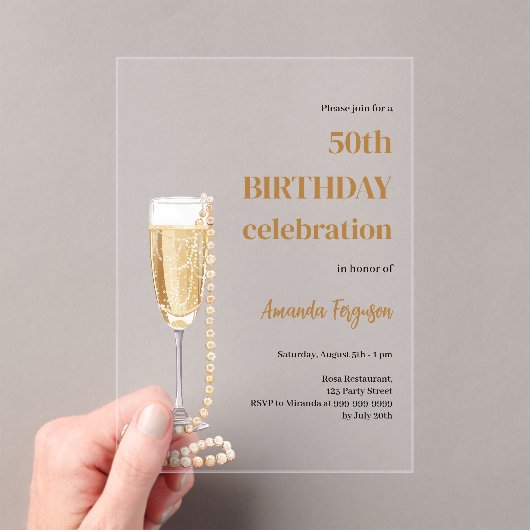 誕生日白金ゴールド泡立ちワインパール澄ん アクリル招待状 (インサイチュ (ポータブル))