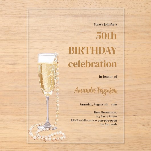 誕生日白金ゴールド泡立ちワインパール澄ん アクリル招待状 (正面)