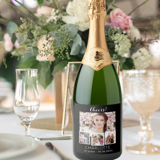 誕生日白黒の写真コラージュ応援 スパークリングワインラベル