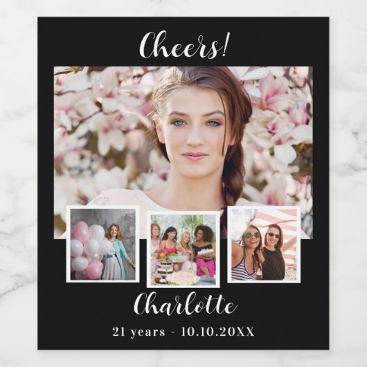 誕生日白黒の写真コラージュ応援 ワインラベル (シングルラベル)