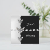 誕生日白黒シルバーパールバタフライパーティー 招待状 (スタンド正面)