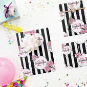 誕生日白黒ストライプピンク花模様名 ラッピングペーパーシート