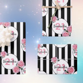 誕生日白黒ストライプピンク花模様名 ラッピングペーパーシート