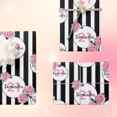 誕生日白黒ストライプピンク花模様名 ラッピングペーパーシート