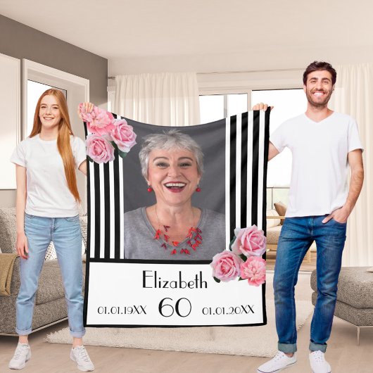 誕生日白黒ストライプ花模様写真 フリースブランケット