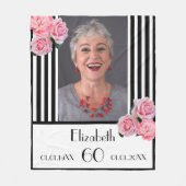 誕生日白黒ストライプ花模様写真 フリースブランケット (正面)