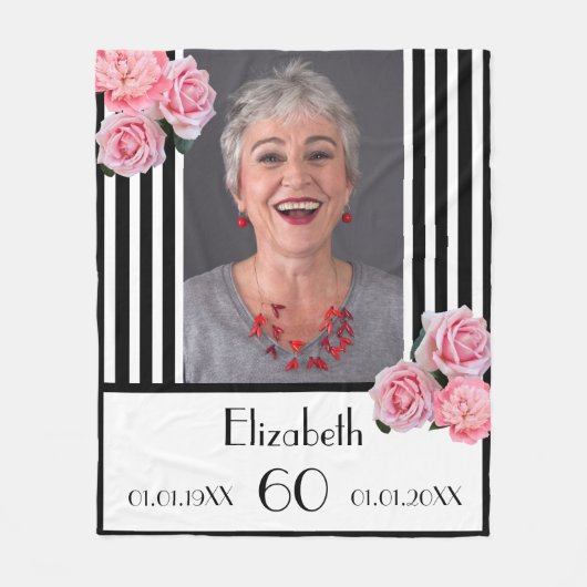 誕生日白黒ストライプ花模様写真 フリースブランケット (正面)