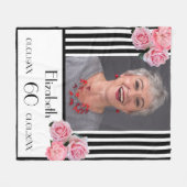 誕生日白黒ストライプ花模様写真 フリースブランケット (正面(横))