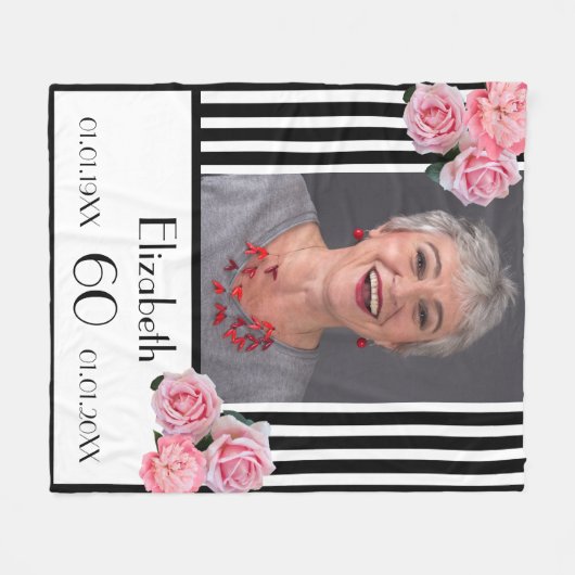 誕生日白黒ストライプ花模様写真 フリースブランケット (正面(横))