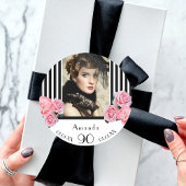 誕生日白黒ストライプ花模様写真 ラウンドシール