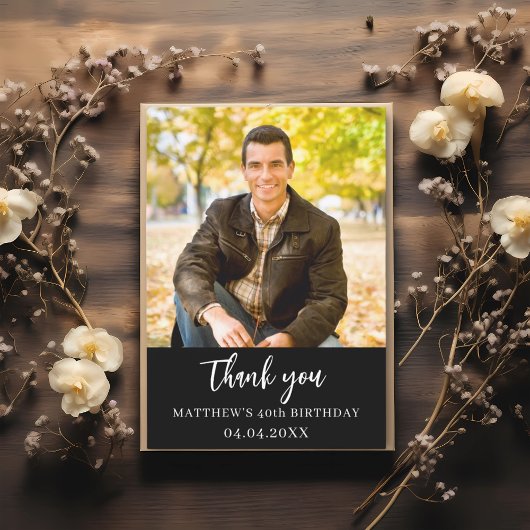 誕生日白黒フォトシンプルスクリプト サンキューカード