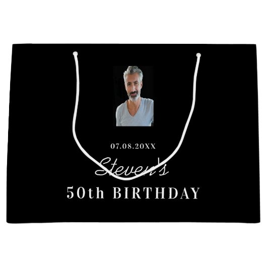 誕生日白黒フォトモノグラム名 ラージペーパーバッグ (正面)